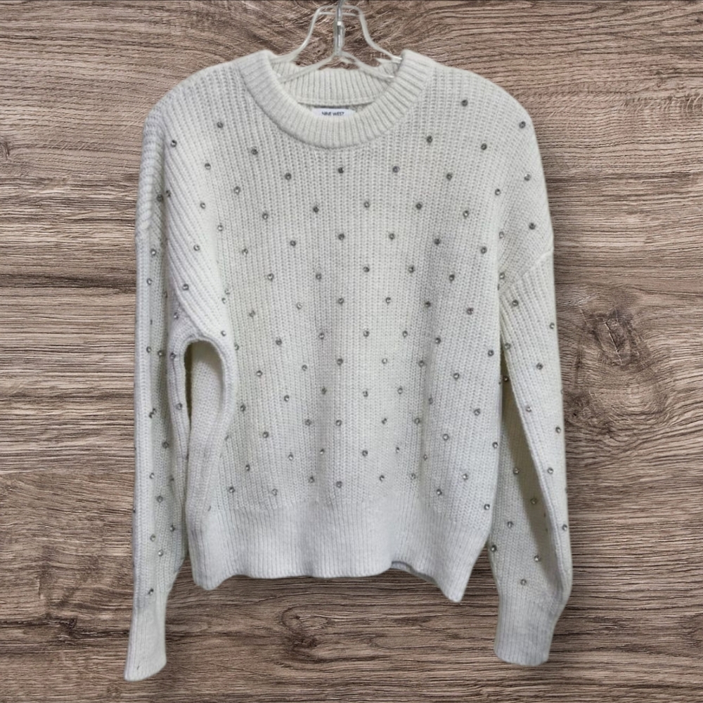 Nine West NWT daisy dew jeweled white‎ knit sweater woman's size medium